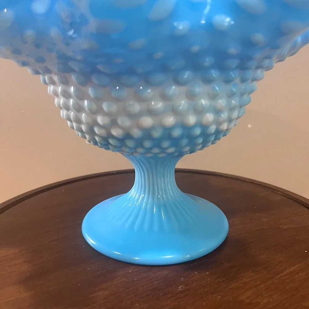 Vtg Fenton Blue Slag Hobnail Dbl Ruffled Pedestal Compote Bowl MCM Art Glass
